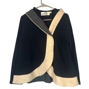 Rosie Neira Anthropologie Navy Blue Cream Colorblock Boiled Wool Coat Women XS